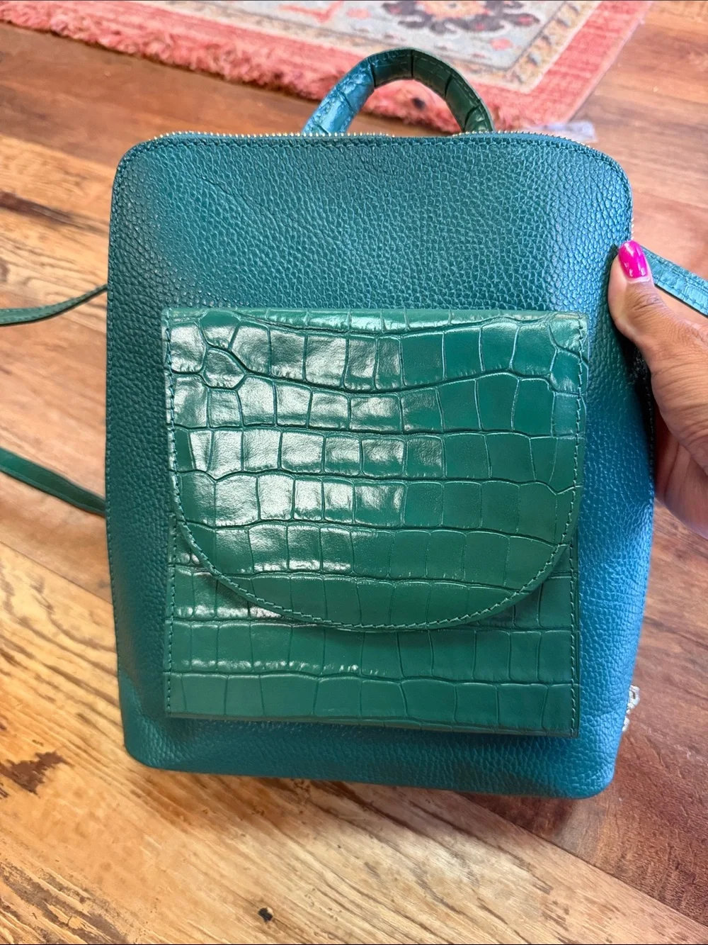 Green Croc-Texture Leather Backpack for Men